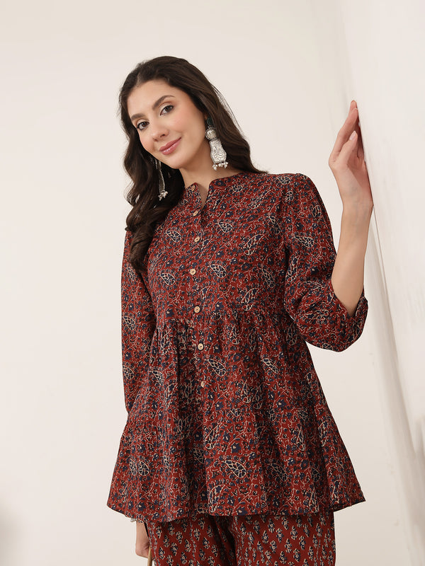 Kimayra Cotton Hip Length Printed 3/4 Sleeve Mandarin Collar Flared Kurta Suit Set