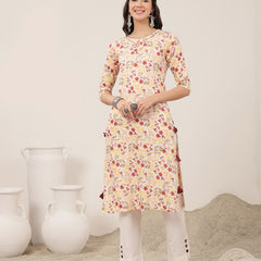 Kimayra Rayon Calf Length Printed 3/4 Sleeve Round Neck Straight Kurta
