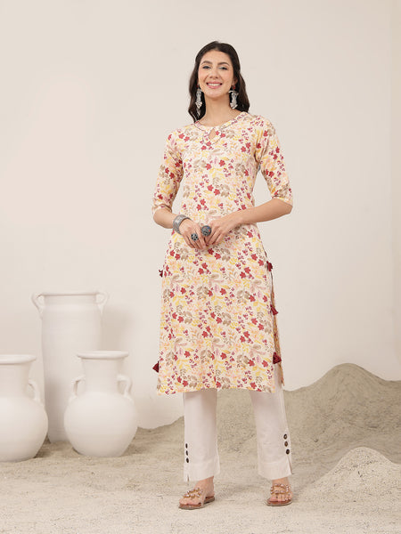 Kimayra Rayon Calf Length Printed 3/4 Sleeve Round Neck Straight Kurta