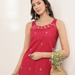 Kimayra Cotton Calf Length Solid Sleeveless Round Neck Straight Kurta Suit Set