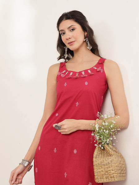 Kimayra Cotton Calf Length Solid Sleeveless Round Neck Straight Kurta Suit Set