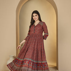 Kimayra Cotton Calf Length Printed 3/4 Sleeves V-Neck Anarkali Kurta