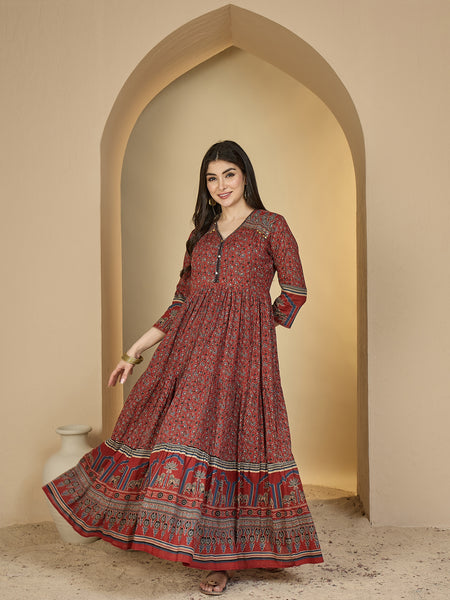 Kimayra Cotton Calf Length Printed 3/4 Sleeves V-Neck Anarkali Kurta