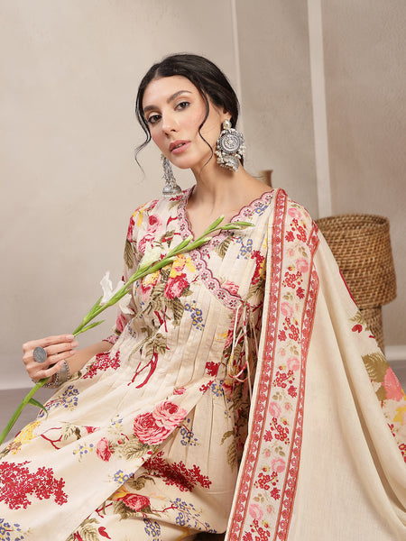 Kimayra Cotton Calf Length Printed 3/4 Sleeve V-Neck Flared Kurta Suit Set