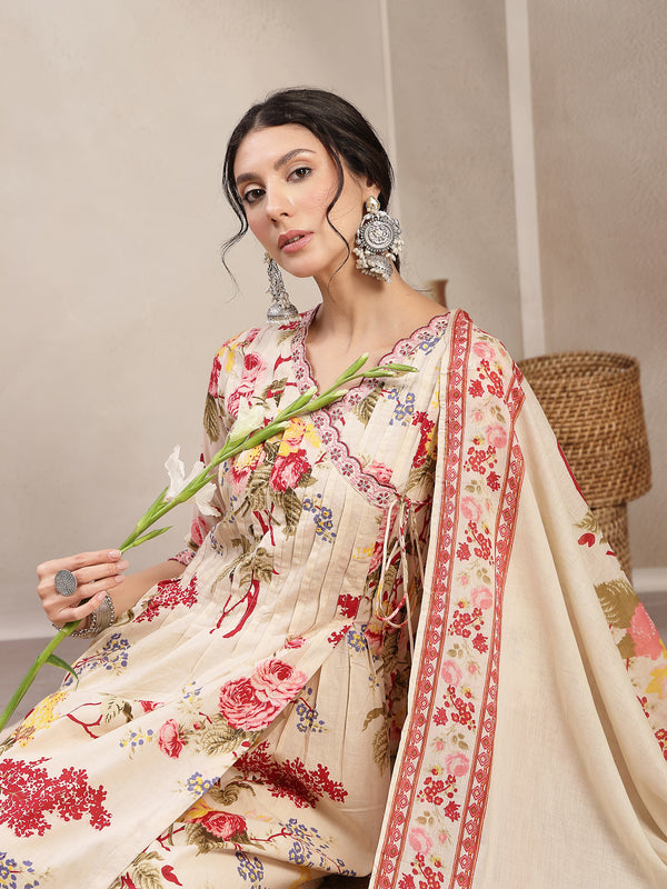 Kimayra Cotton Calf Length Printed 3/4 Sleeve V-Neck Flared Kurta Suit Set