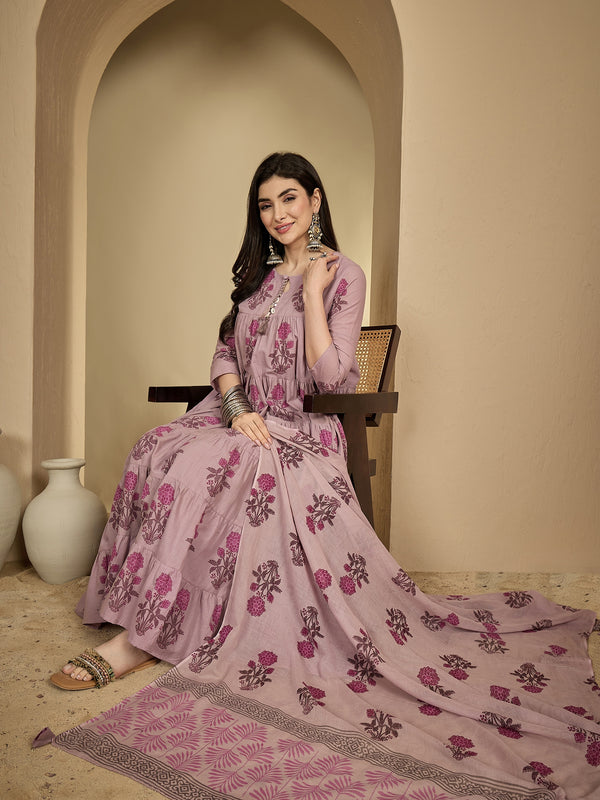Kimayra Cotton Calf Length Printed 3/4 Sleeve Key Hole Neck Anarkali Kurta Suit Set