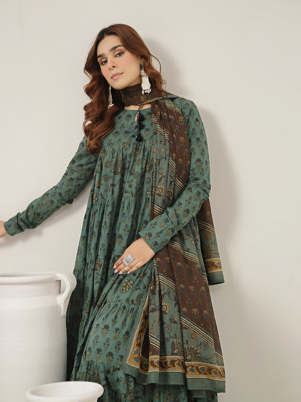 Kimayra Cotton Ankle Length Printed Full Sleeve Key Hole Neck Flared Kurta Suit Set