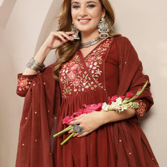 Kimayra Cotton Calf Length Solid 3/4 Sleeve V-Neck Flared Kurta Suit Set