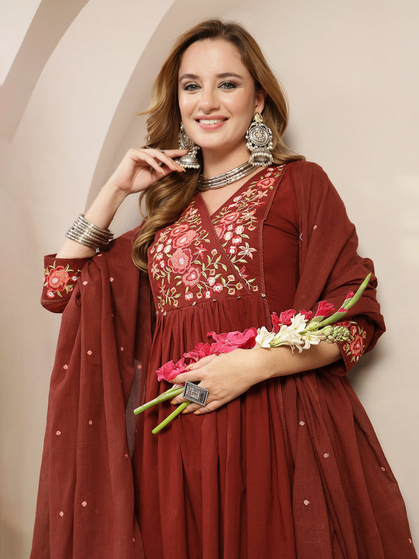 Kimayra Cotton Calf Length Solid 3/4 Sleeve V-Neck Flared Kurta Suit Set