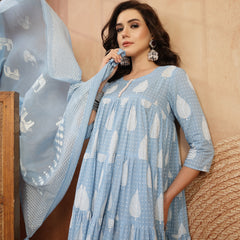 Kimayra Cotton Calf Length Printed 3/4 Sleeve Round Neck Flared Kurta Suit Set