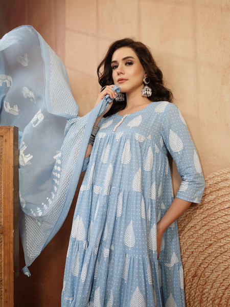 Kimayra Cotton Calf Length Printed 3/4 Sleeve Round Neck Flared Kurta Suit Set
