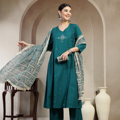Kimayra Cotton Calf Length Solid 3/4 Sleeve V Neck A Line Kurta
