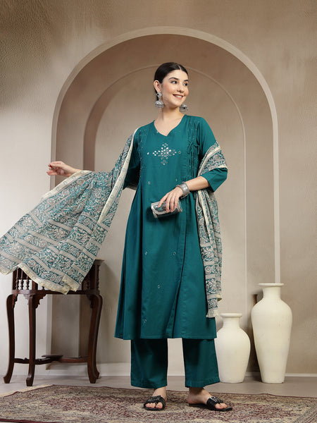 Kimayra Cotton Calf Length Solid 3/4 Sleeve V Neck A Line Kurta