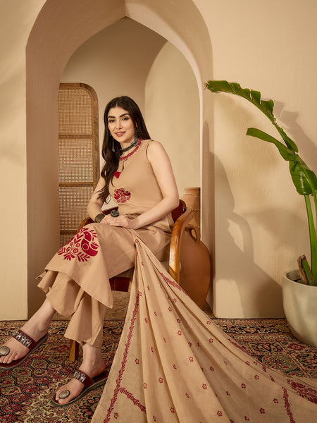 Kimayra Cotton Calf Length Printed Sleeveless Round Neck Straight Kurta Suit Set
