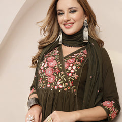 Kimayra Cotton Calf Length Solid 3/4 Sleeve V-Neck Flared Kurta Suit Set