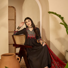 Kimayra Rayon Calf Length Solid 3/4 Sleeve V-Neck Flared Kurta Suit Set