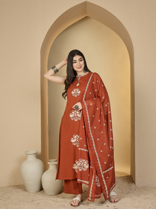 Kimayra Cotton Calf Length Printed Sleeveless Round Neck Straight Kurta Suit Set