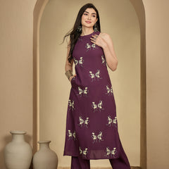 Kimayra Rayon Calf Length Printed Sleeveless Round Neck A-Line Kurta Suit Set