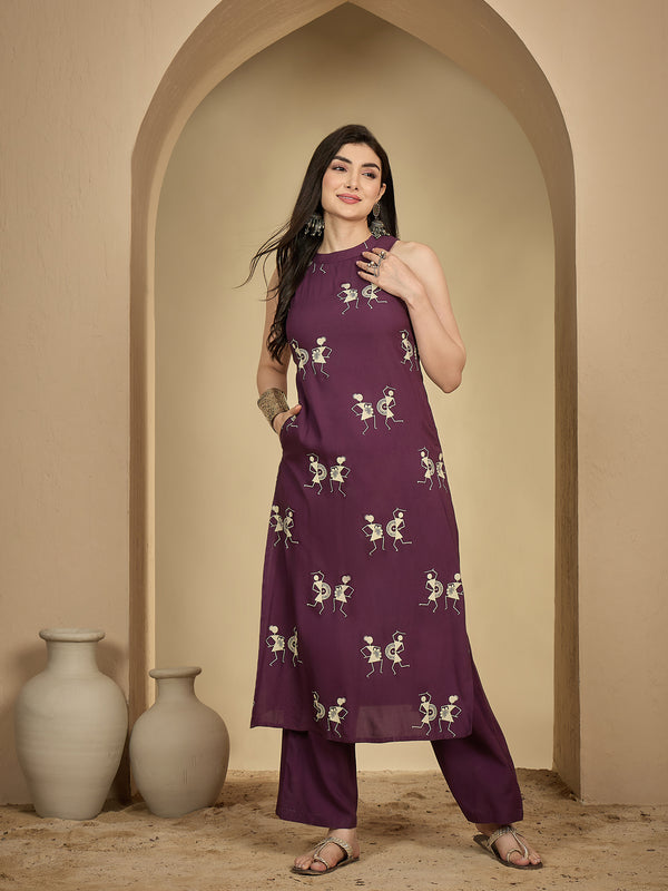 Kimayra Rayon Calf Length Printed Sleeveless Round Neck A-Line Kurta Suit Set