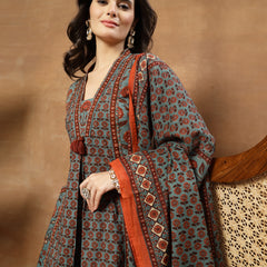 Kimayra Cotton Calf Length Printed 3/4 Sleeve V-Neck Flared Kurta Suit Set