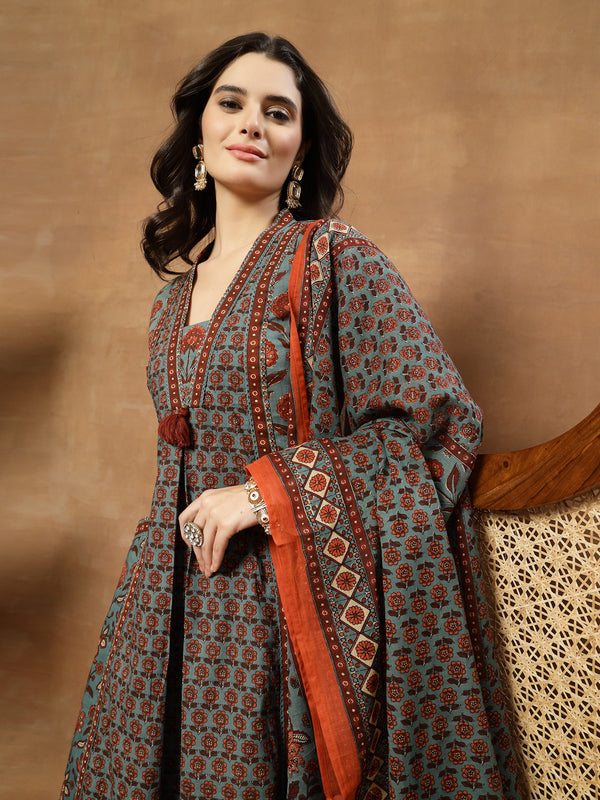 Kimayra Cotton Calf Length Printed 3/4 Sleeve V-Neck Flared Kurta Suit Set