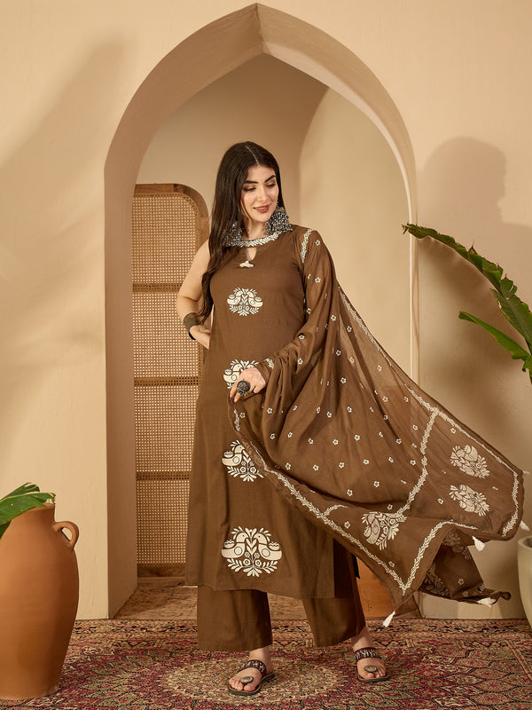 Kimayra Cotton Calf Length Printed Sleeveless Round Neck Straight Kurta Suit Set