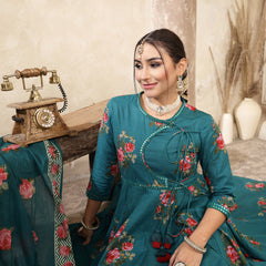Kimayra Cotton Calf Length Printed 3/4 Sleeve Round Neck Flared Kurta Suit Set