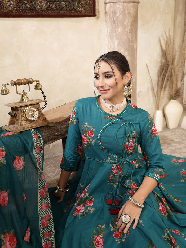 Kimayra Cotton Calf Length Printed 3/4 Sleeve Round Neck Flared Kurta Suit Set