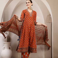 Kimayra Cotton Calf Length Printed 3/4 Sleeve V-Neck A-Line Kurta Suit Set
