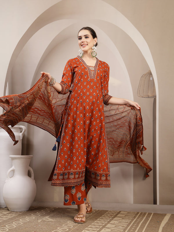 Kimayra Cotton Calf Length Printed 3/4 Sleeve V-Neck A-Line Kurta Suit Set