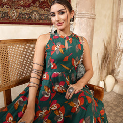 Kimayra Cotton Calf Length Printed Sleeveless Key Hole Neck Flared Kurta
