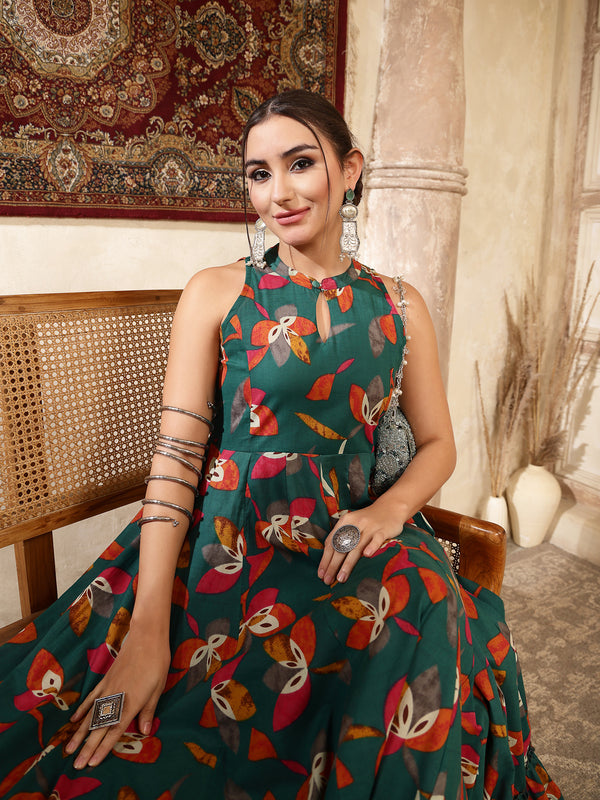 Kimayra Cotton Calf Length Printed Sleeveless Key Hole Neck Flared Kurta