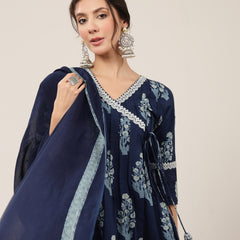 Kimayra Cotton Calf Length Printed 3/4 Sleeve V-Neck Flared Kurta Suit Set