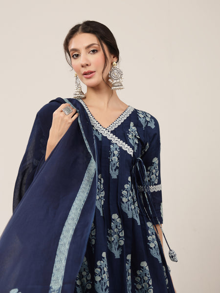 Kimayra Cotton Calf Length Printed 3/4 Sleeve V-Neck Flared Kurta Suit Set