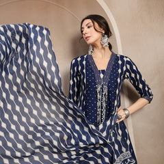 Kimayra Rayon Calf Length Printed 3/4 Sleeve V-Neck Flared Kurta Suit Set