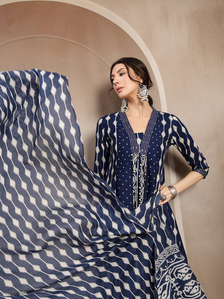 Kimayra Rayon Calf Length Printed 3/4 Sleeve V-Neck Flared Kurta Suit Set