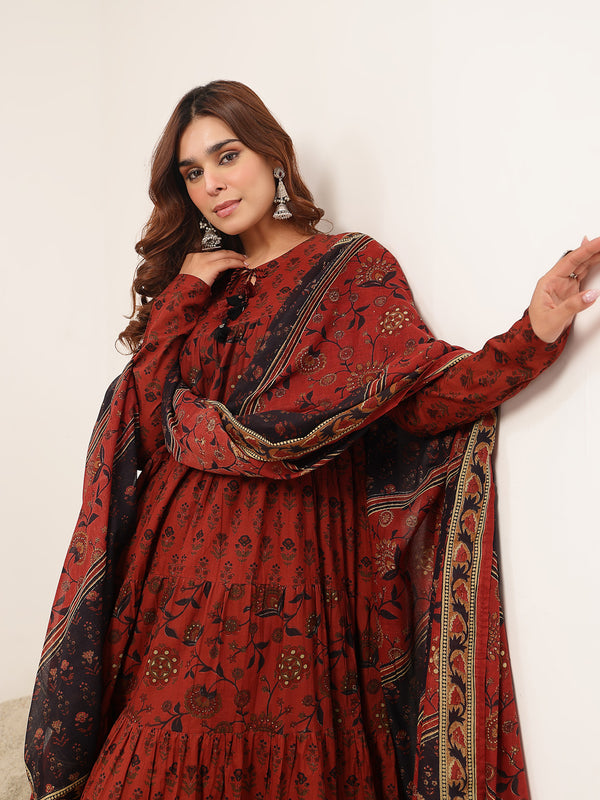 Kimayra Cotton Ankle Length Printed Full Sleeve Key Hole Neck Flared Kurta Suit Set