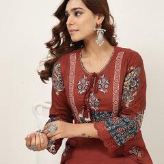 Kimayra Cotton Calf Length Solid 3/4 Sleeve Round Neck Straight Kurta Suit Set