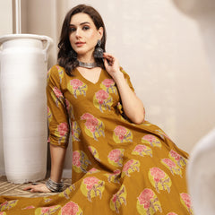 Kimayra Cotton Calf Length Printed 3/4 Sleeve V-Neck Flared Kurta