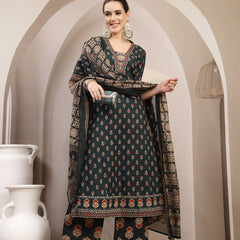 Kimayra Cotton Calf Length Printed 3/4 Sleeve V-Neck A-Line Kurta Suit Set