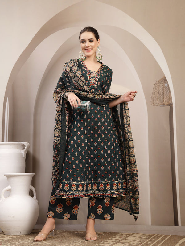 Kimayra Cotton Calf Length Printed 3/4 Sleeve V-Neck A-Line Kurta Suit Set