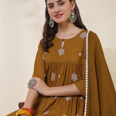 Kimayra Cotton Calf Length Printed 3/4 Sleeves Round Neck Anarkali Kurta Suit Set