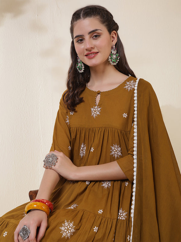Kimayra Cotton Calf Length Printed 3/4 Sleeves Round Neck Anarkali Kurta Suit Set
