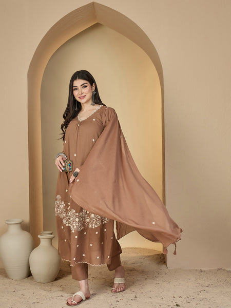 Kimayra Cotton Calf Length Solid 3/4 Sleeves V-Neck A-Line Kurta Suit Set