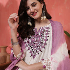 Kimayra Jacquard Knee Length Solid 3/4 Sleeves Round Neck Flared Kurta Suit Set