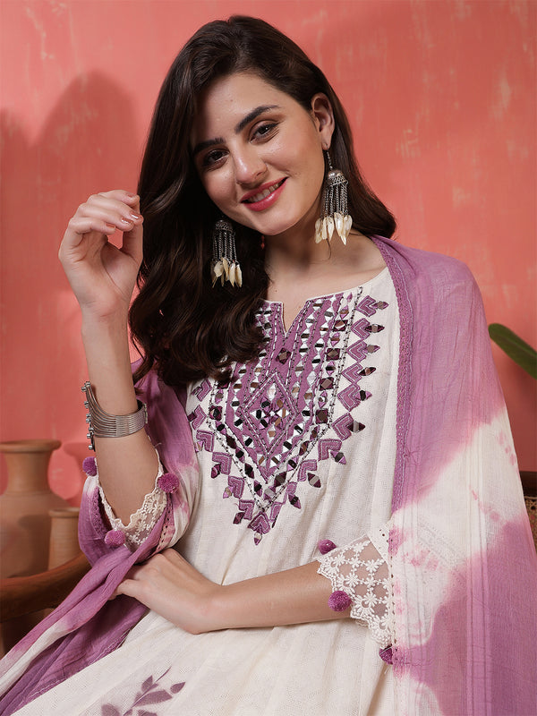 Kimayra Jacquard Knee Length Solid 3/4 Sleeves Round Neck Flared Kurta Suit Set
