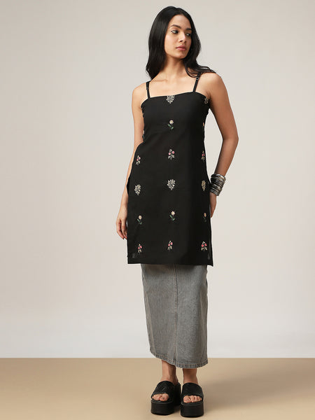 Kimayra Cotton Mid Length Printed Sleeveless Square Neck Straight Kurta