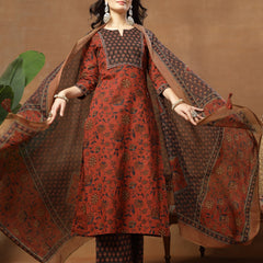 Kimayra Cotton Calf Length Printed 3/4 Sleeve Round Neck Straight Kurta Suit Set
