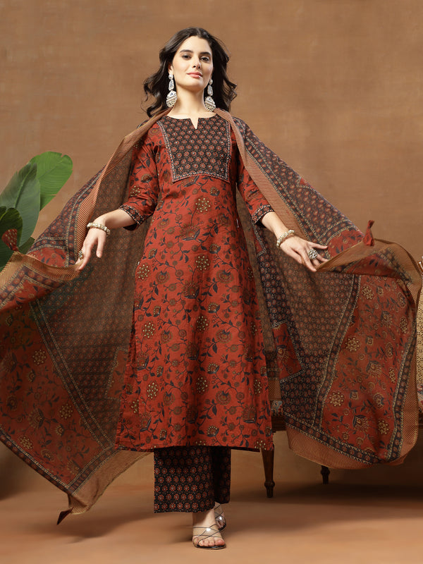 Kimayra Cotton Calf Length Printed 3/4 Sleeve Round Neck Straight Kurta Suit Set