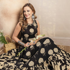 Kimayra Cotton Calf Length Printed Sleeveless Round Neck Flared Dress